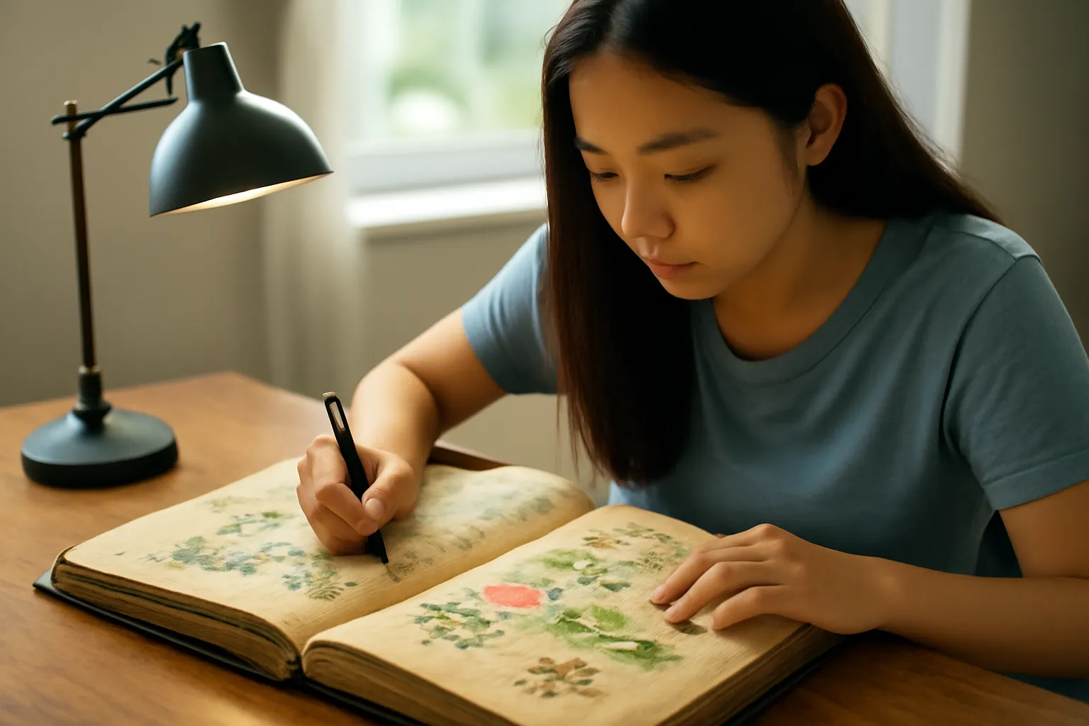 Trang sách cổ ố vàng có hình vẽ cây cỏ màu xanh nâu dưới đèn bàn