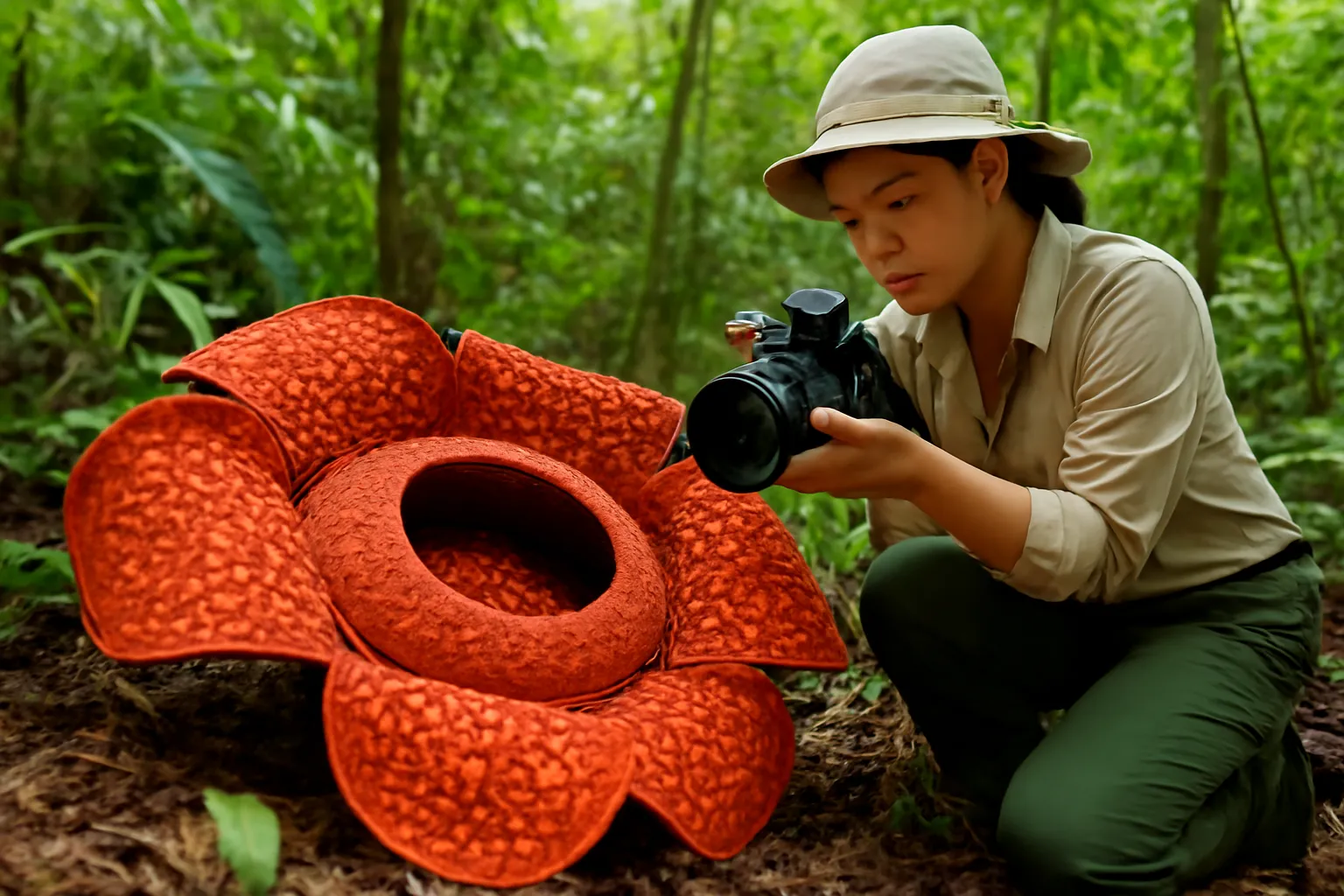 Bông hoa đỏ cam khổng lồ có đốm trắng nằm sát mặt đất giữa rừng ẩm