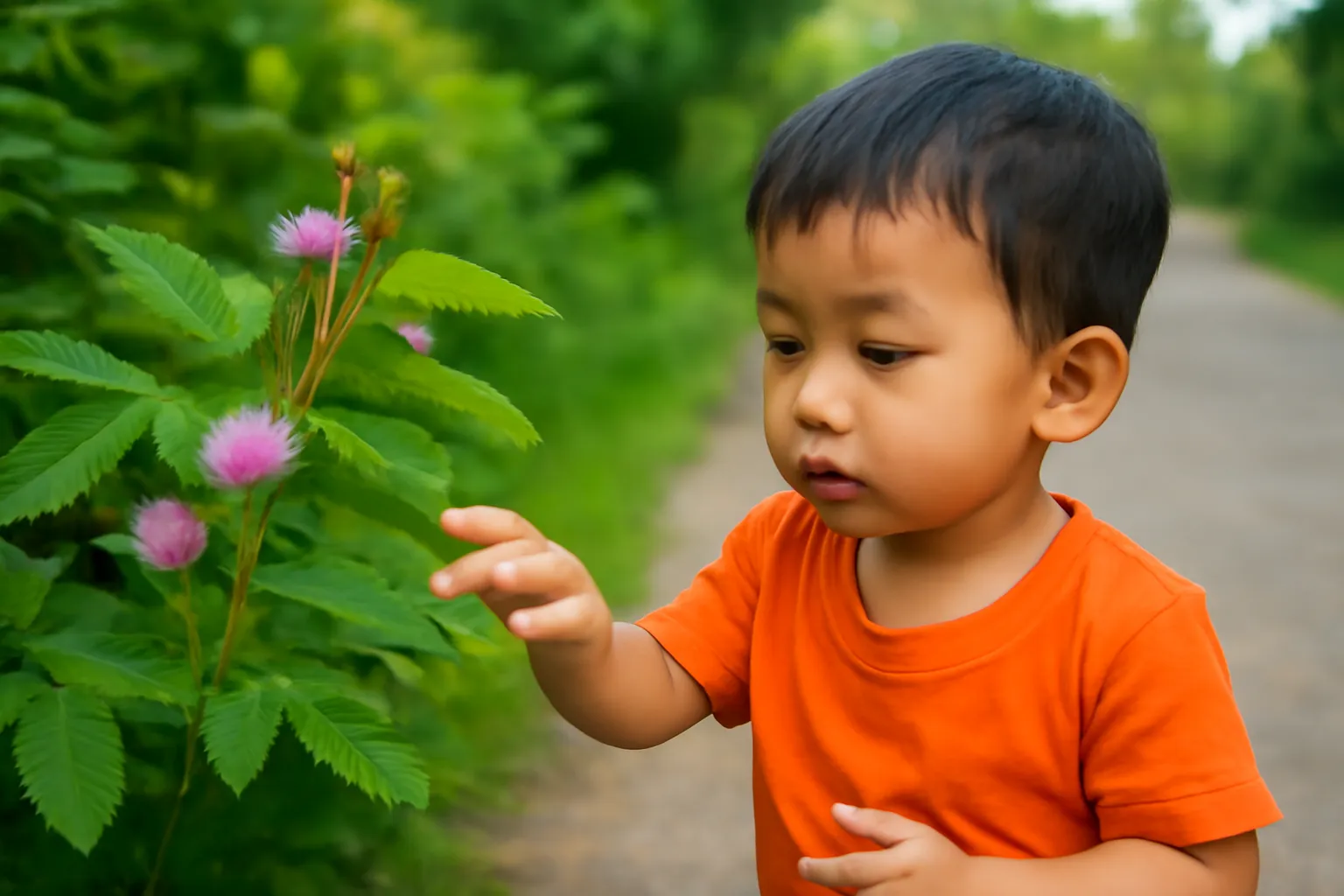 Ngón tay em bé chạm vào lá cây xấu hổ đang khép lại bên lối đi
