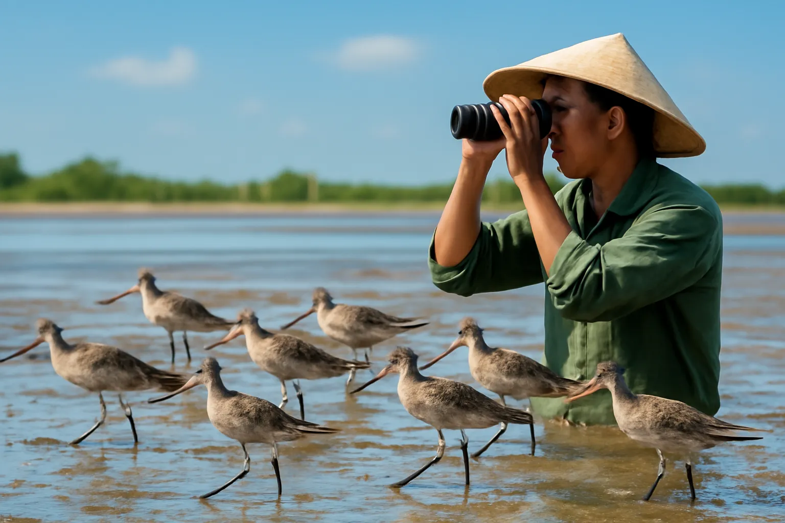 Đàn chim lội mỏ dài kiếm ăn trên bãi bồi bùn ven biển lúc nước ròng