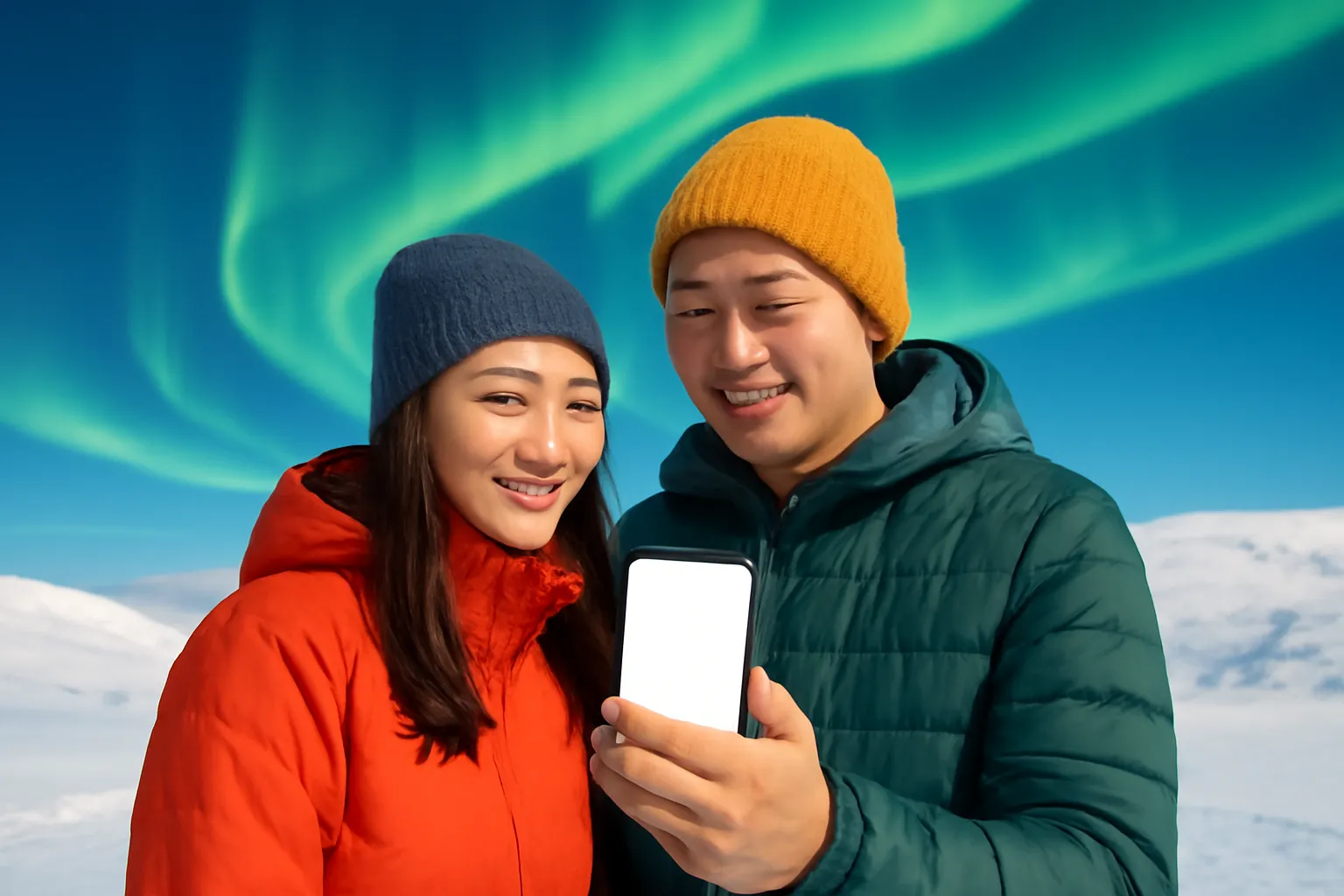 Màn sáng xanh lục uốn lượn trên bầu trời đêm phủ tuyết và mấy người đứng ngắm