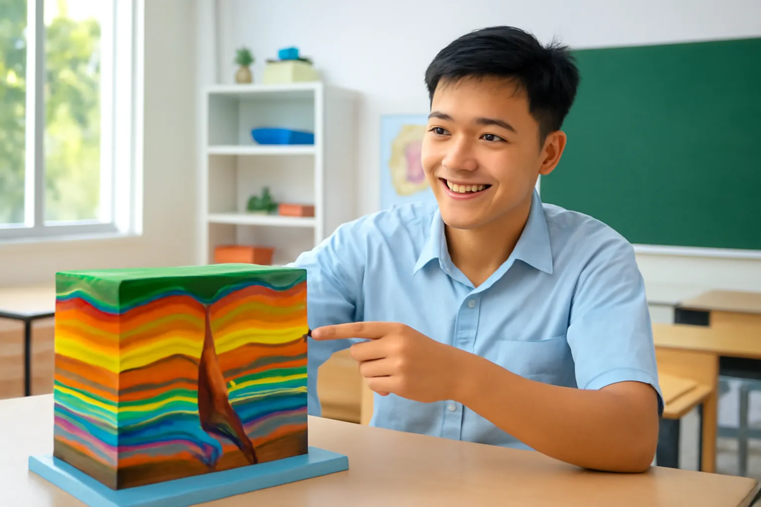 Học sinh Việt Nam chỉ vào các lớp đá nhiều màu trên mô hình hẻm núi