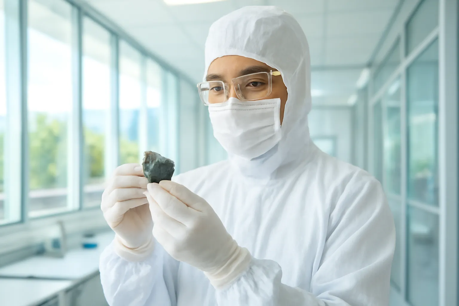 Nhà khoa học mặc đồ bảo hộ trắng làm việc trong phòng thí nghiệm sạch sáng