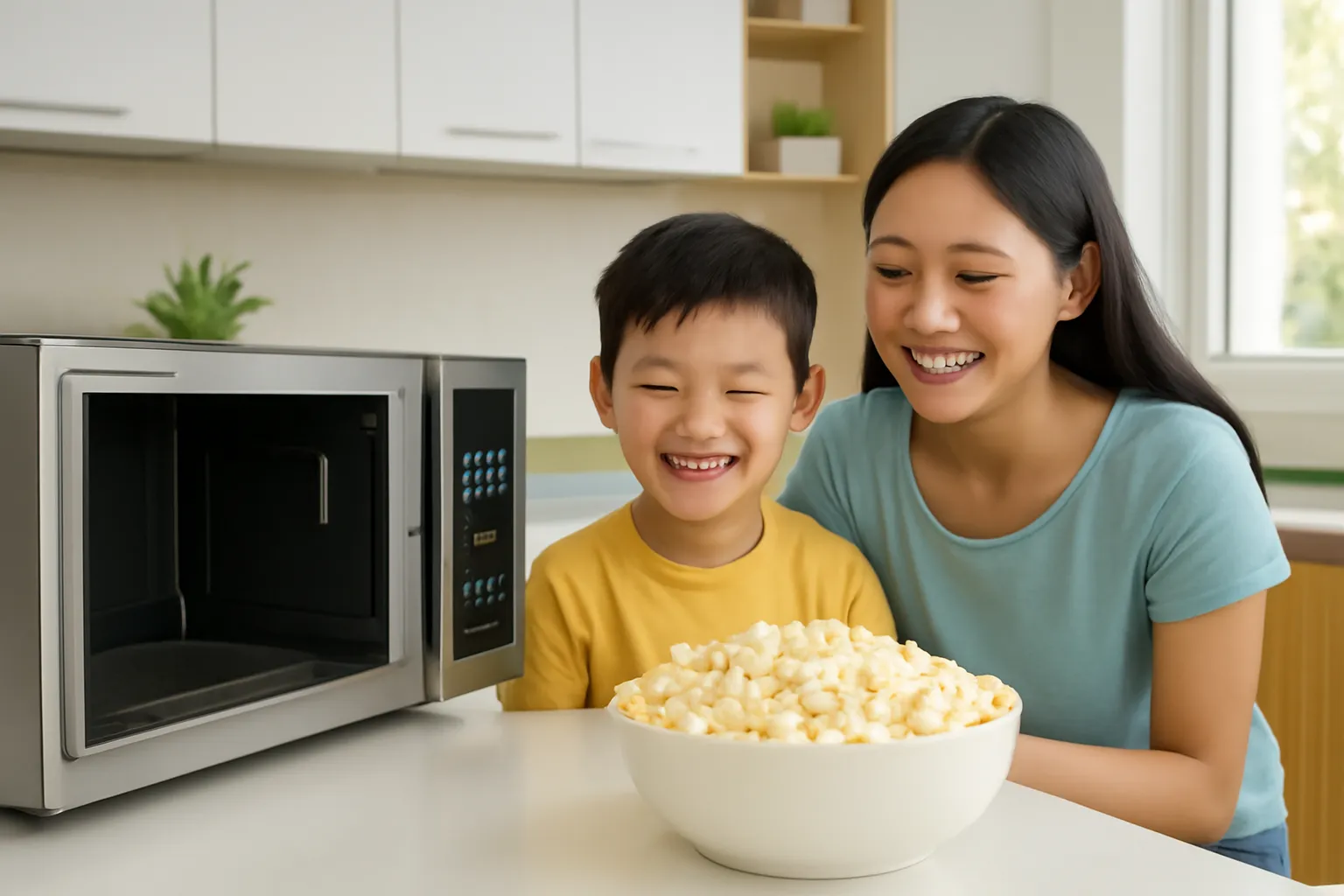 Bát bỏng ngô vừa nổ nóng hổi đặt cạnh lò vi sóng trong căn bếp sáng