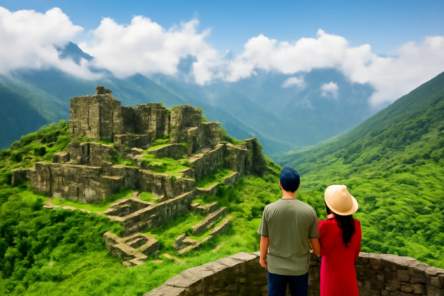 Khu thành đá cổ trên sống núi xanh giữa các đỉnh núi phủ mây