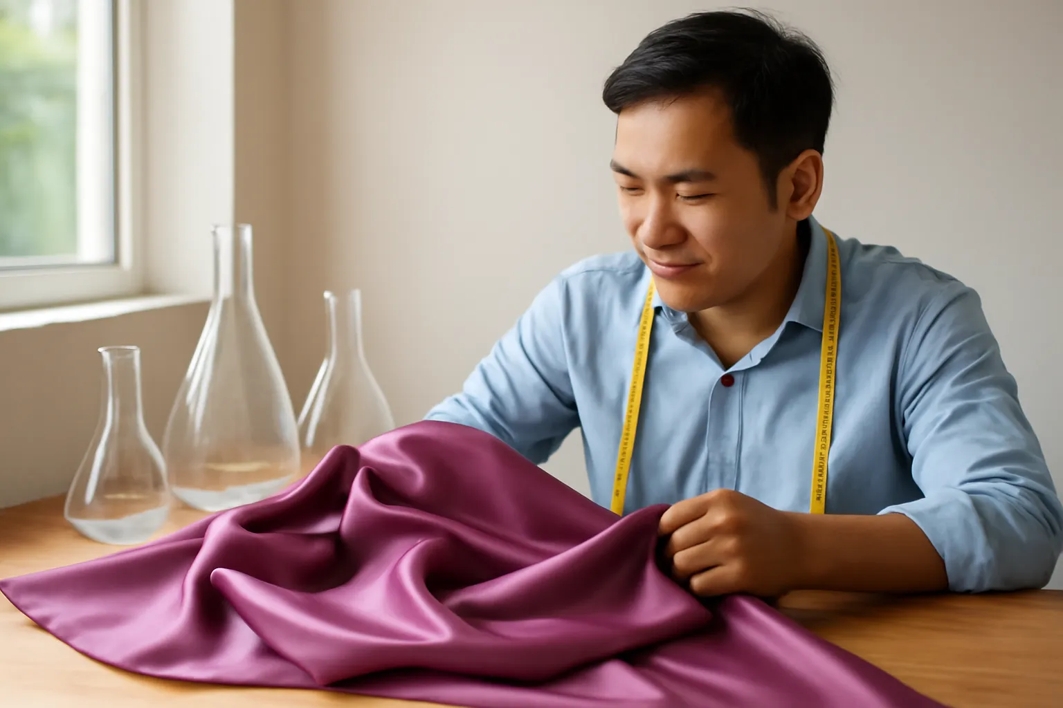 Tấm lụa màu tím hoa cà rủ xuống cạnh chiếc bình thủy tinh thí nghiệm
