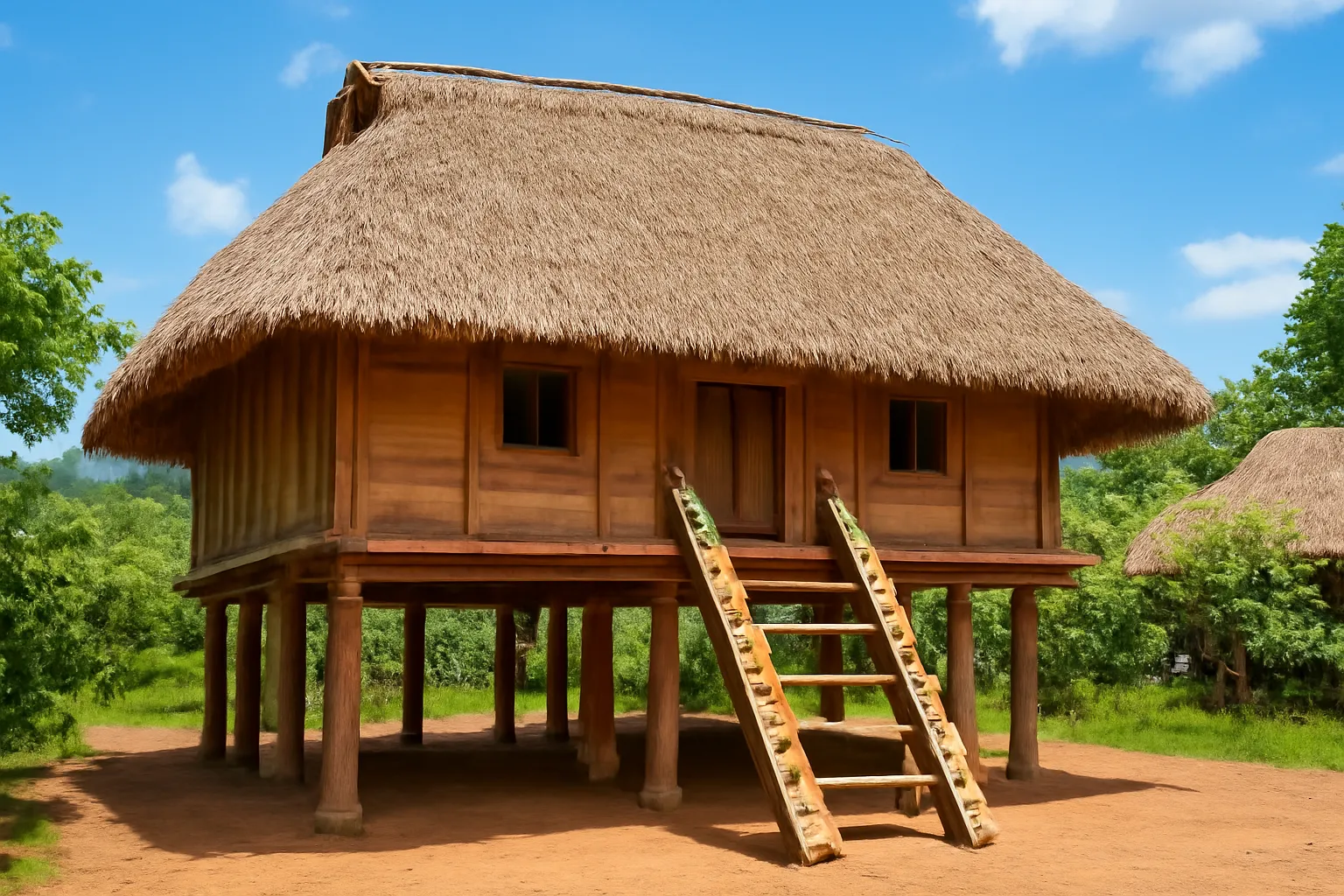 Ngôi nhà sàn dài lợp mái tranh của người Ê Đê giữa vườn cây xanh Tây Nguyên