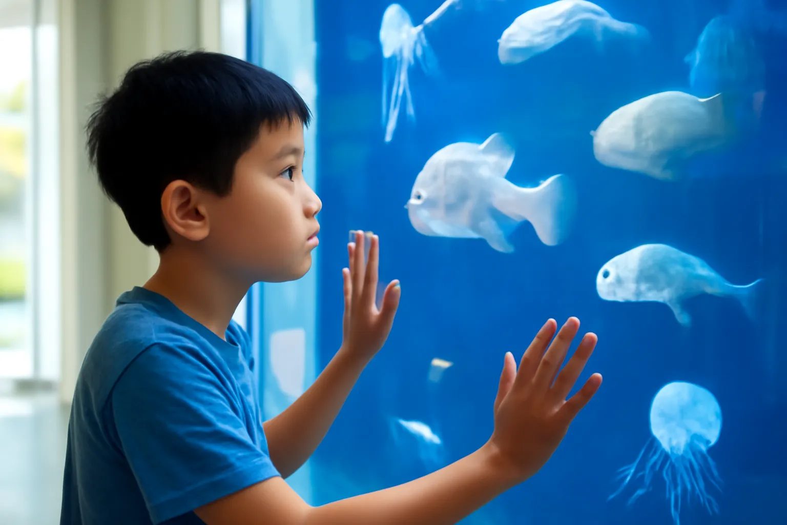 Cậu bé Việt Nam áp tay lên kính bể cá lớn nhìn sinh vật biển sâu