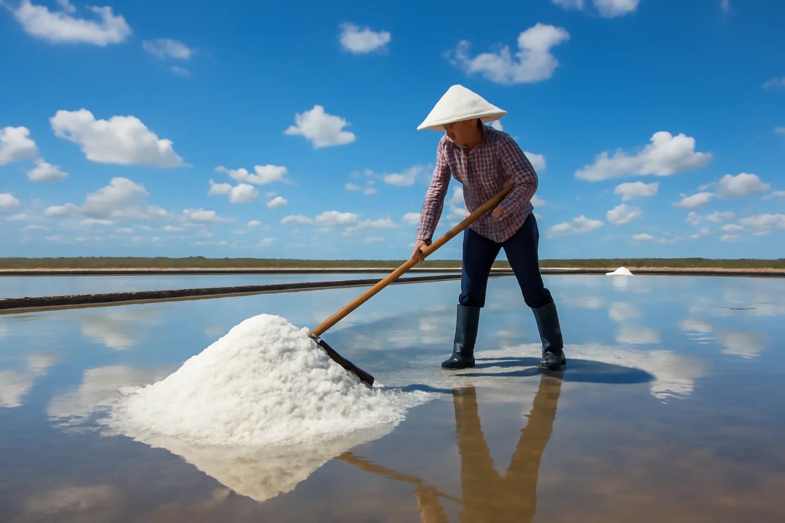 Ruộng muối trắng phản chiếu bầu trời xanh và người làm muối cào muối