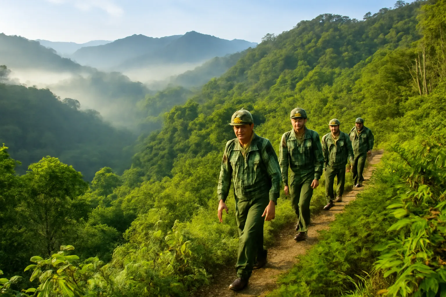 Rừng núi Trường Sơn xanh thẫm phủ sương sớm nhìn từ trên cao