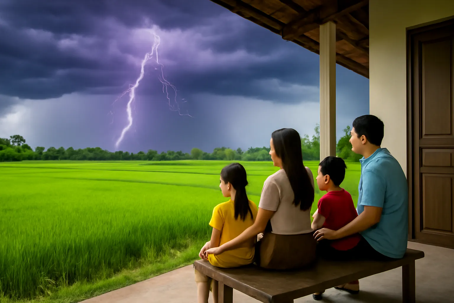 Bầu trời giông tím xám với tia chớp xa trên cánh đồng lúa miền quê