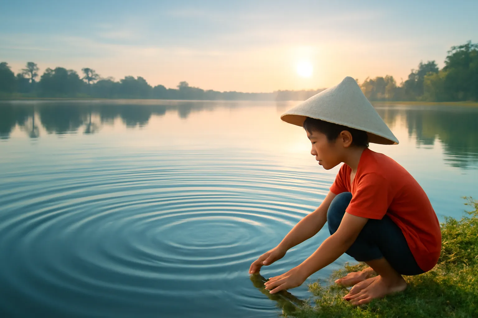 Mặt hồ phẳng lặng với những vòng gợn sóng lan đều quanh một điểm