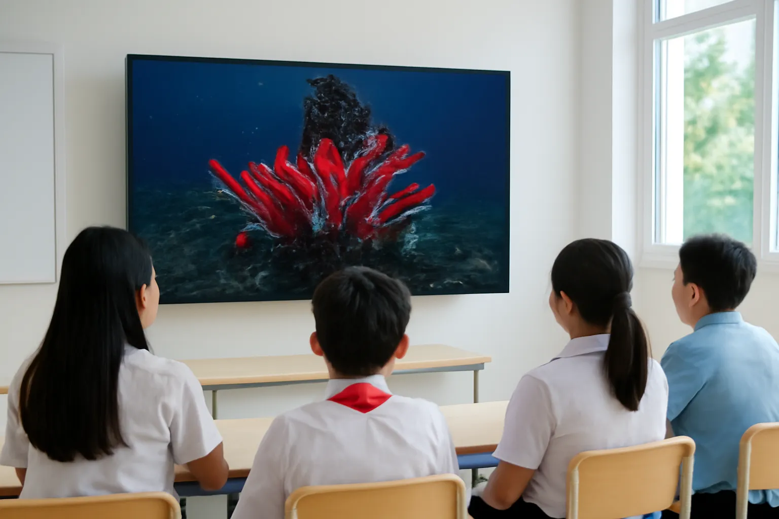 Ống khói đá đen phun nước nóng dưới đáy biển với cụm giun ống đỏ xung quanh