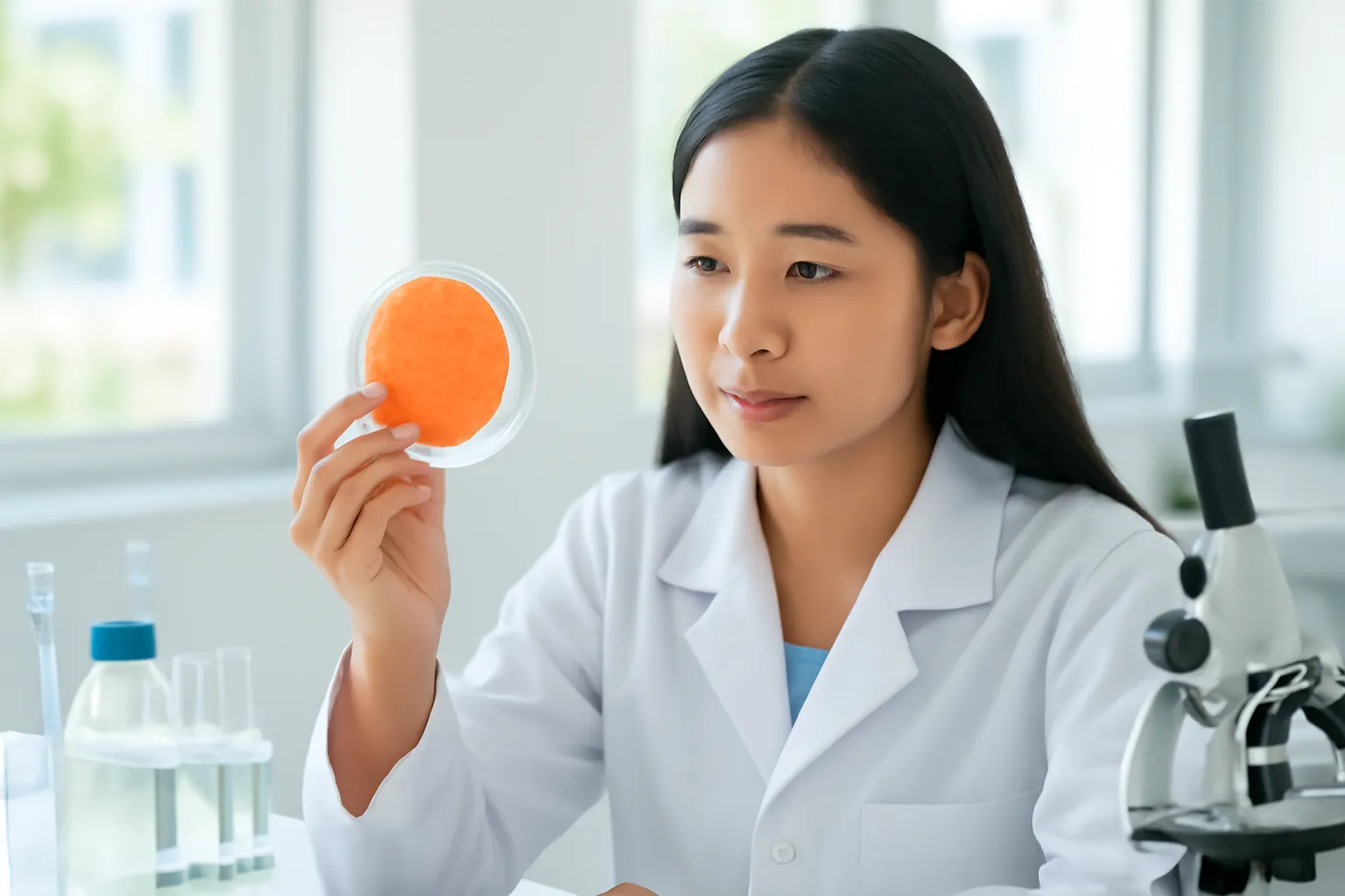 Cô bé Việt Nam soi đĩa nuôi vi khuẩn nhiều màu dưới kính lúp trong phòng thí nghiệm