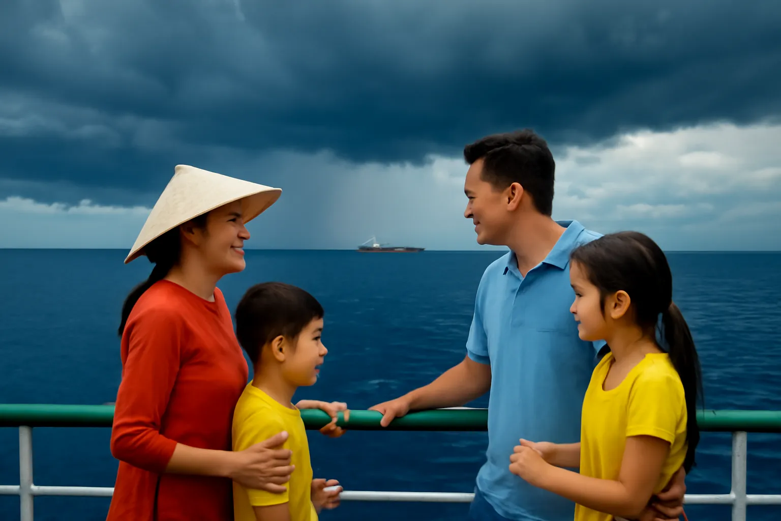 Biển xanh thẫm dưới bầu trời giông tối với con tàu nhỏ phía chân trời
