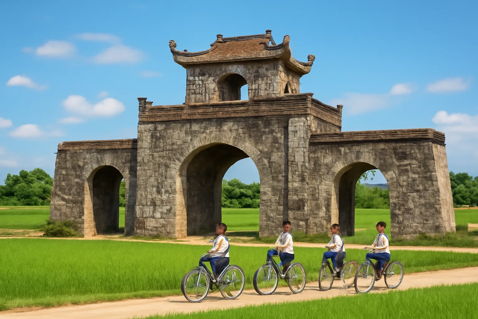 Cổng thành đá cổ ba vòm giữa cánh đồng xanh ở vùng quê Thanh Hoá