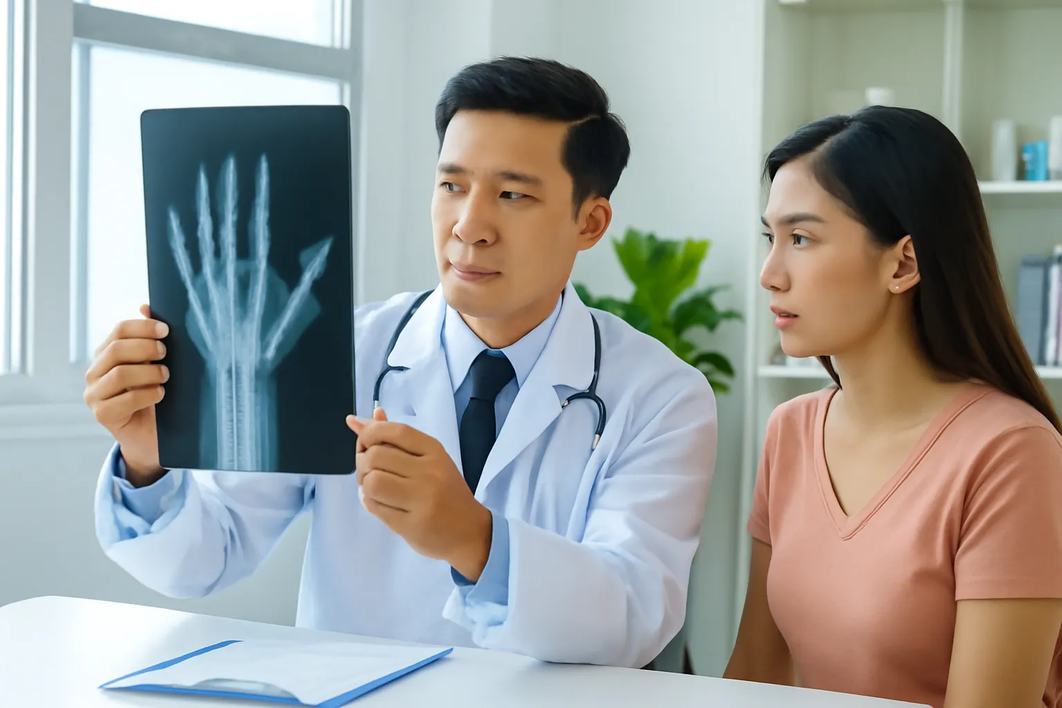 Bác sĩ xem phim chụp xương bàn tay trên hộp đèn trong phòng khám sáng