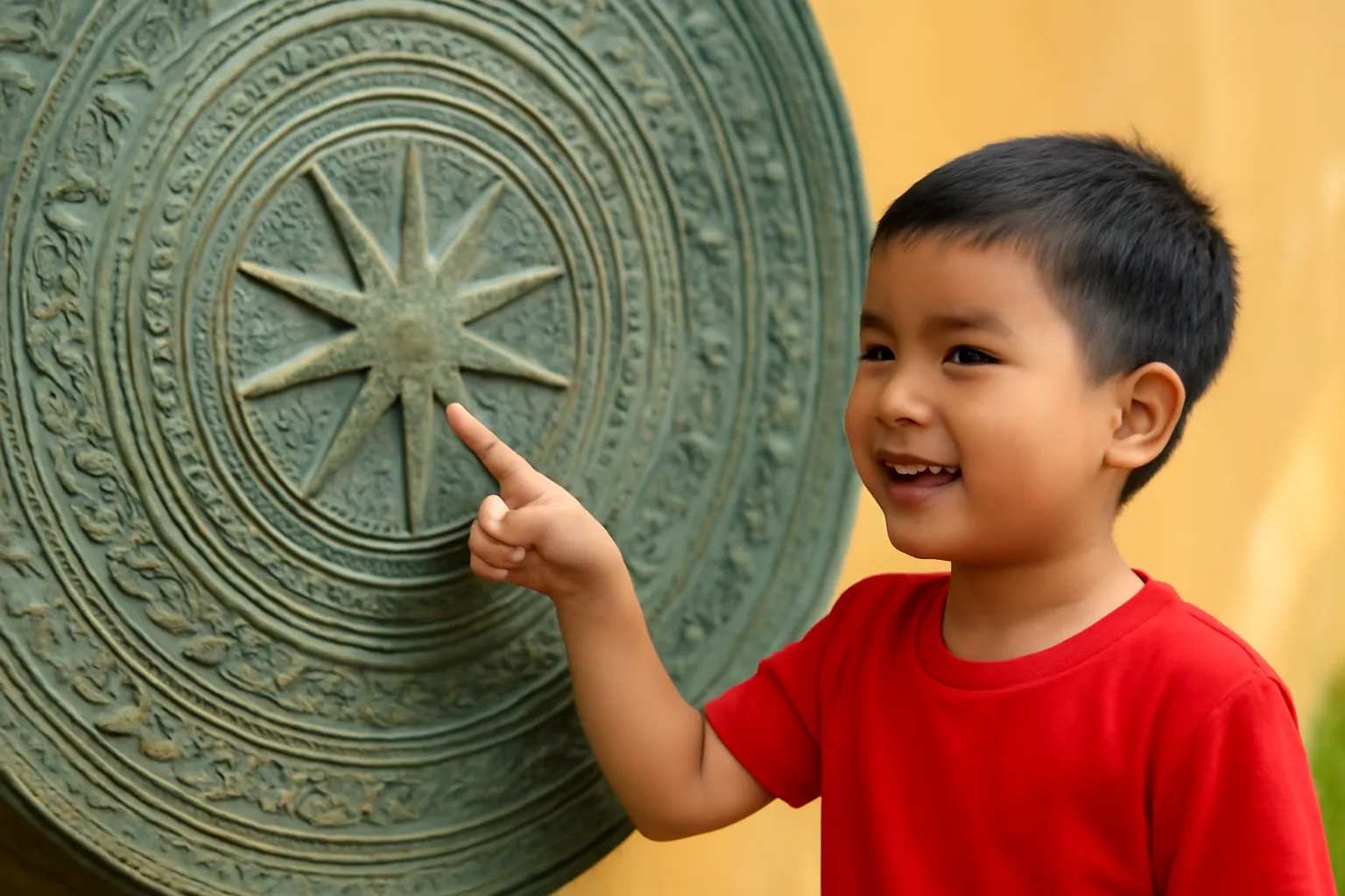 Mặt trống đồng cổ với ngôi sao giữa và các vòng hoa văn chim bay