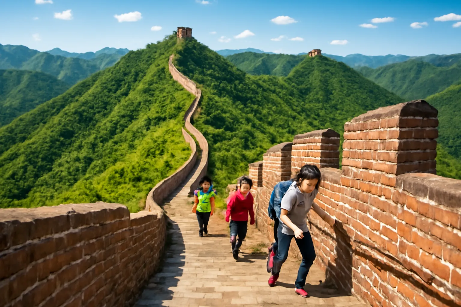 Bức tường thành gạch uốn lượn trên sống núi xanh với các tháp canh nối nhau