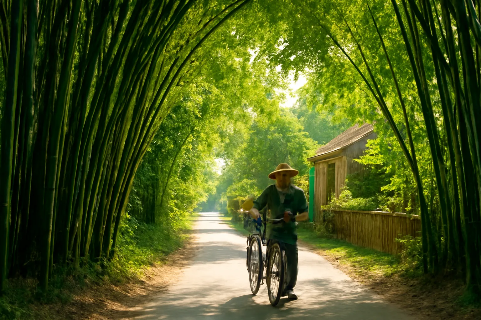 Rặng tre xanh bên con đường làng với ánh nắng xuyên qua lá