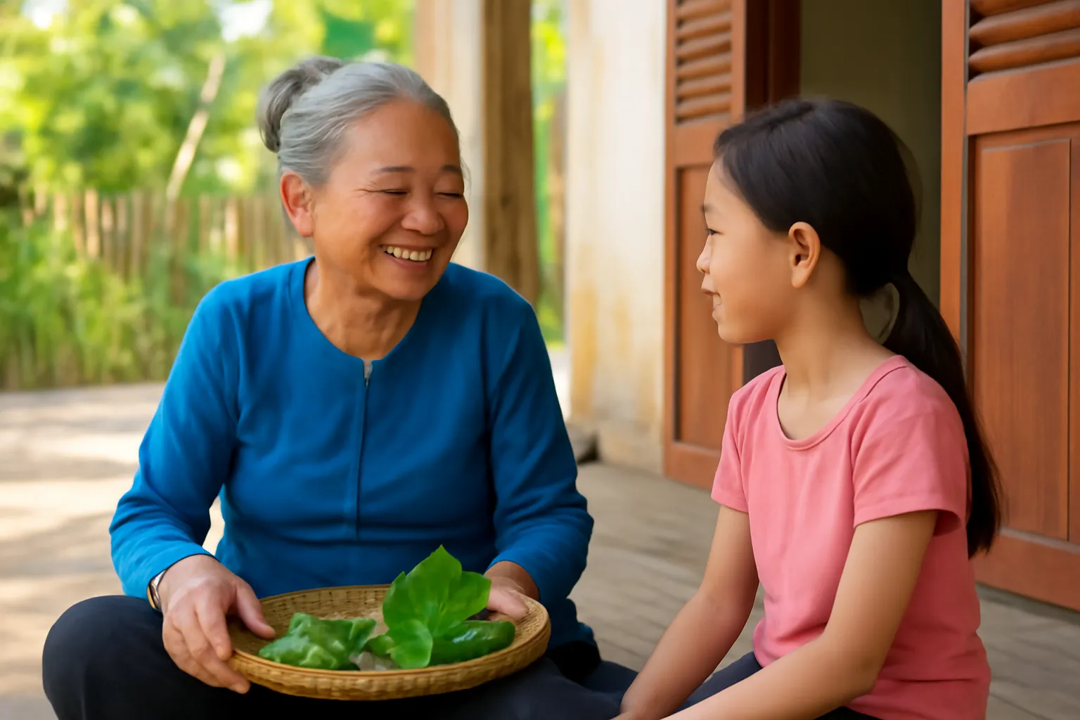 Bà cụ Việt Nam mỉm cười ngồi bên hiên nhà quê với khay trầu cau