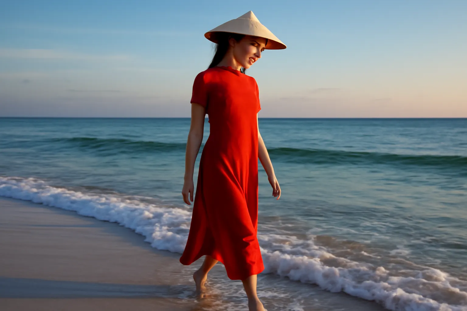 Sóng biển ban đêm lấp lánh ánh xanh quanh chân một cô gái trên bãi cát