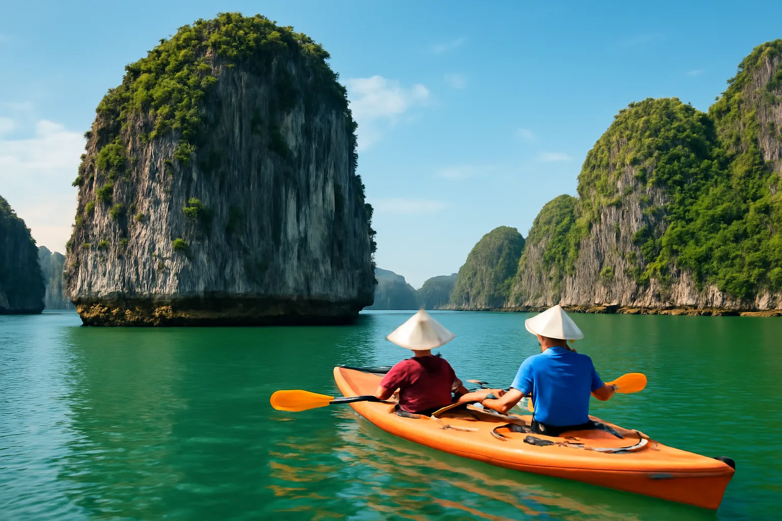 Thuyền kayak lướt giữa những hòn đảo đá vôi xanh trên Vịnh Hạ Long buổi sáng